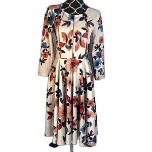 AIME Cream Floral Print Fit & Flare Cottage Core 3/4 Sleeve Dress Size Medium